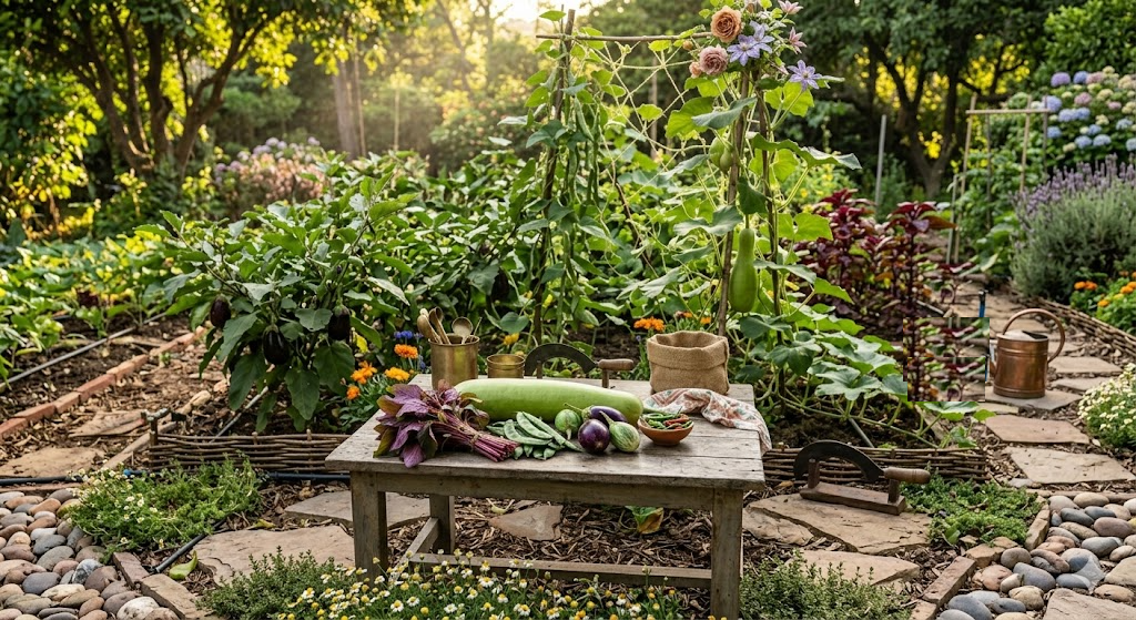 Fresh Bangladeshi vegetables - bottle gourd, eggplant, country bean, red amaranth and green chilies - on a rustic table in a lush home garden